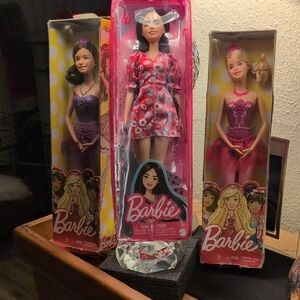 Barbie Doll Set with Floral and Purple Dresses
